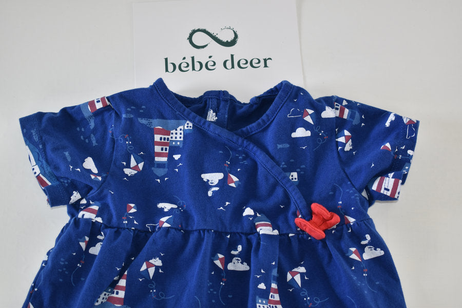 Blue Printed Dress with Red Bow Detail