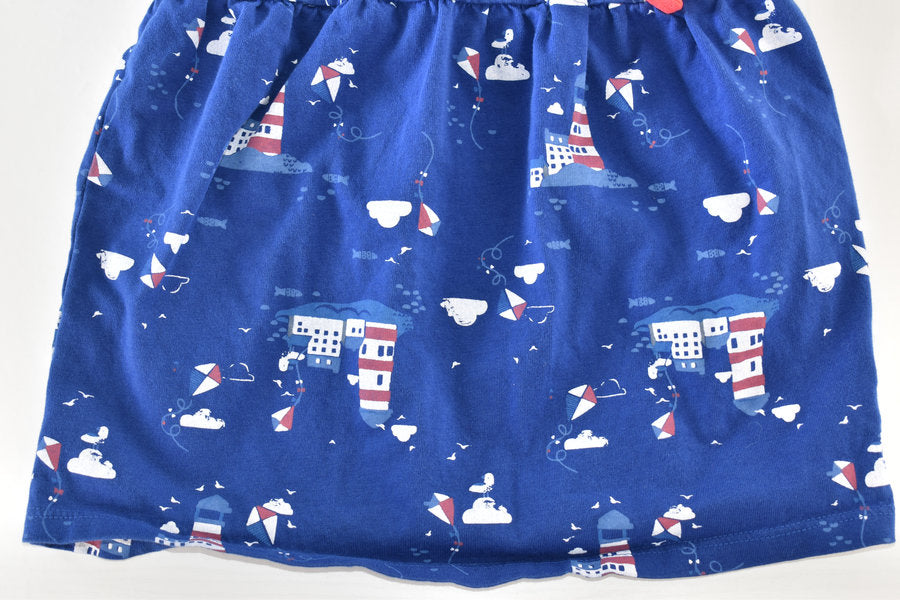 Blue Printed Dress with Red Bow Detail