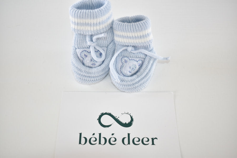 Blue teddy bear knit baby booties newborn