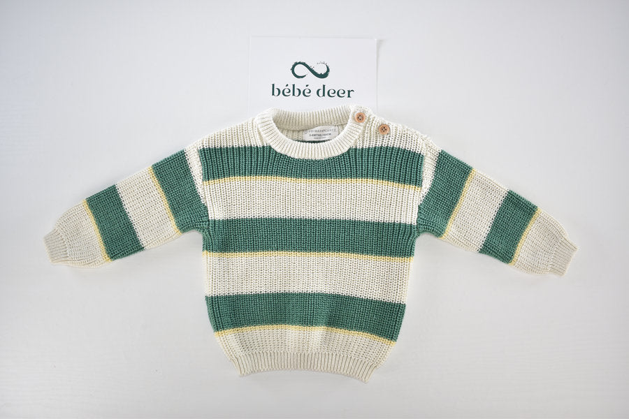 Knitted jumper green, beige and pale yellow stripes.