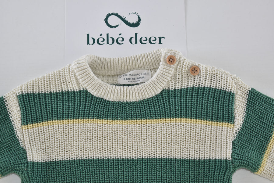 Knitted jumper green, beige and pale yellow stripes.
