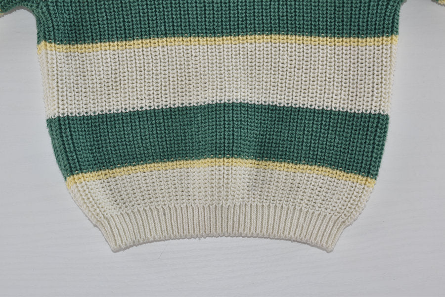 Knitted jumper green, beige and pale yellow stripes.