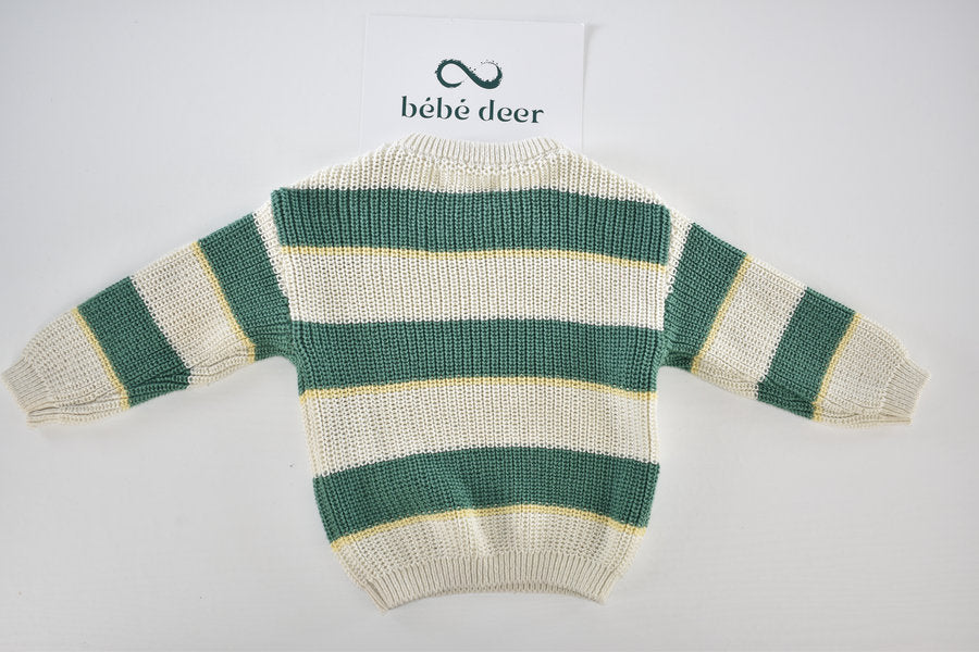 Knitted jumper green, beige and pale yellow stripes.