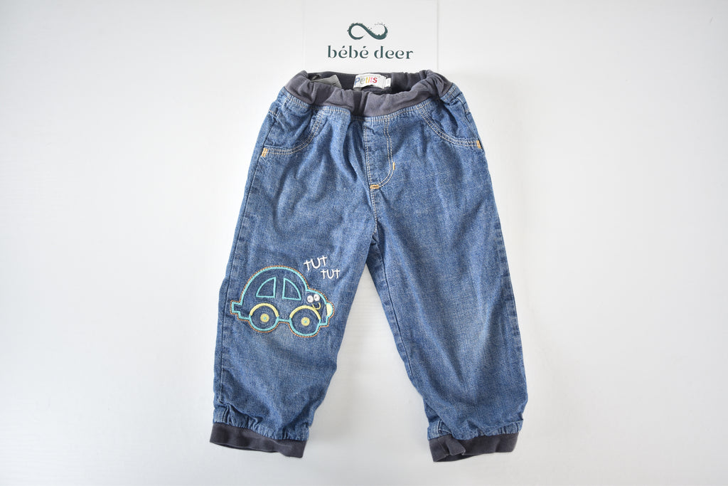 Denim trousers with embroidered car