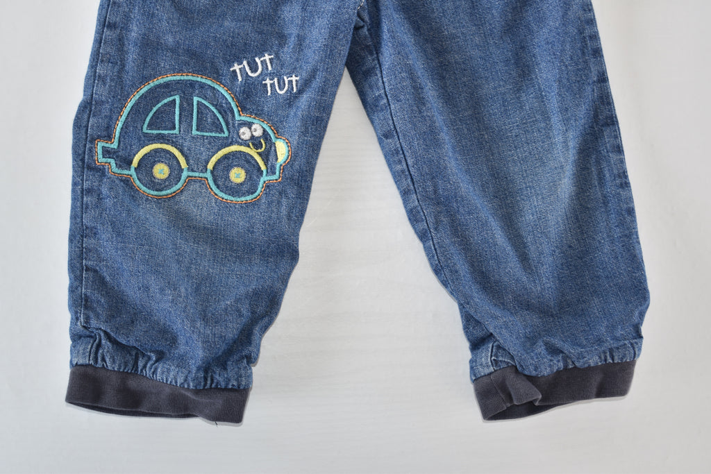 Denim trousers with embroidered car