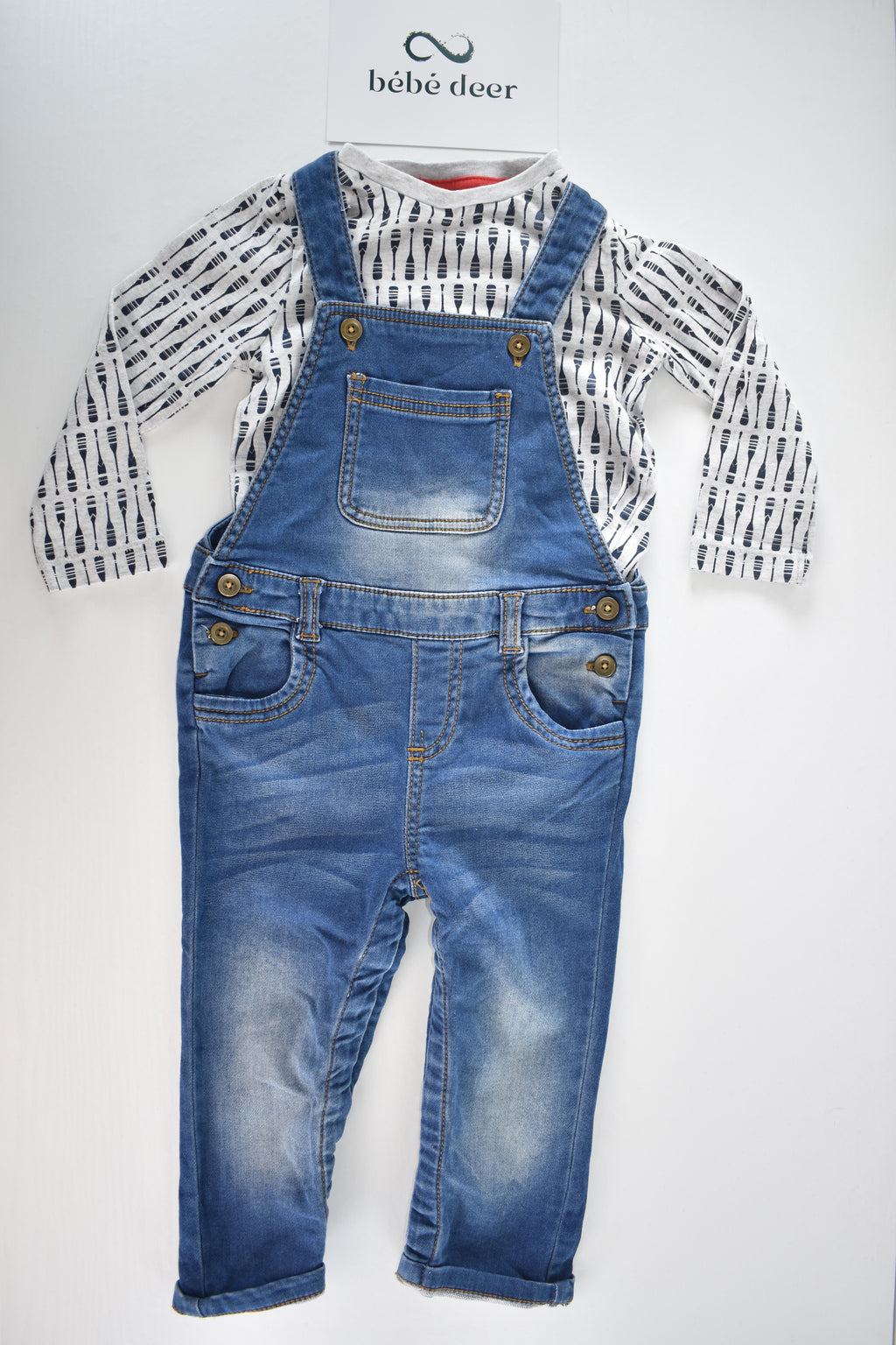 Denim dungarees and paddle print top set