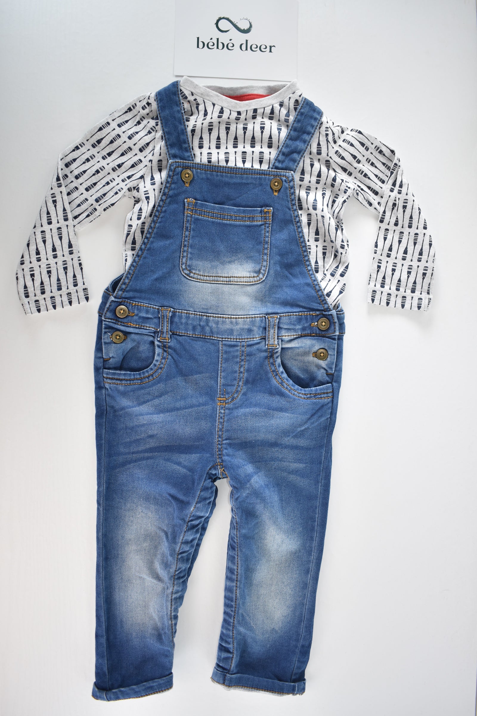 Denim dungarees and paddle print top set