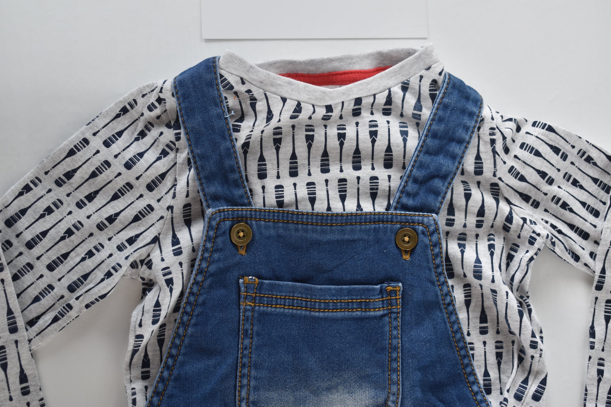 Denim dungarees and paddle print top set