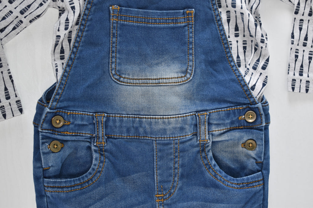 Denim dungarees and paddle print top set