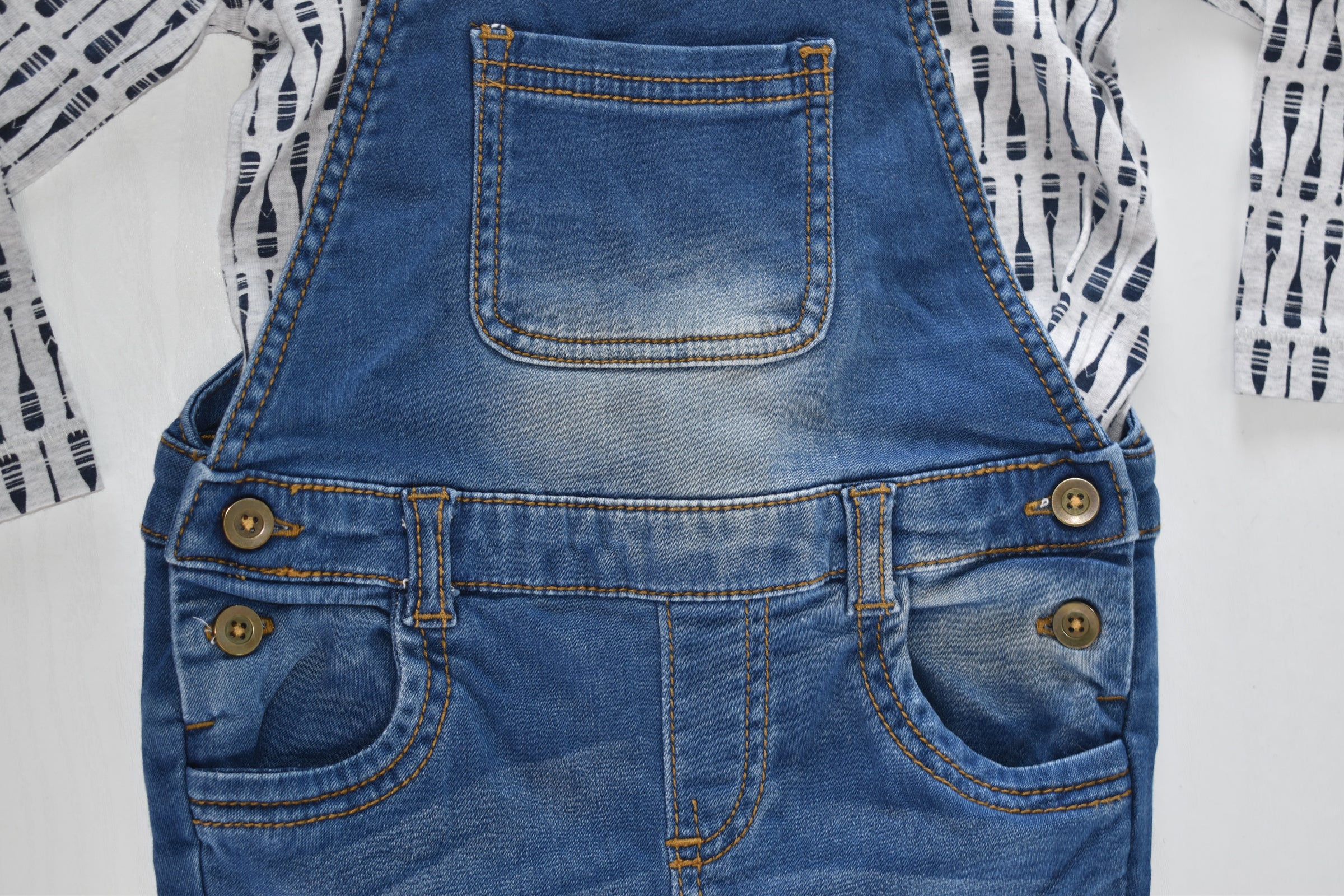 Denim dungarees and paddle print top set