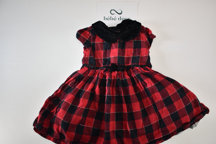 Red and black check dress with velvet collar