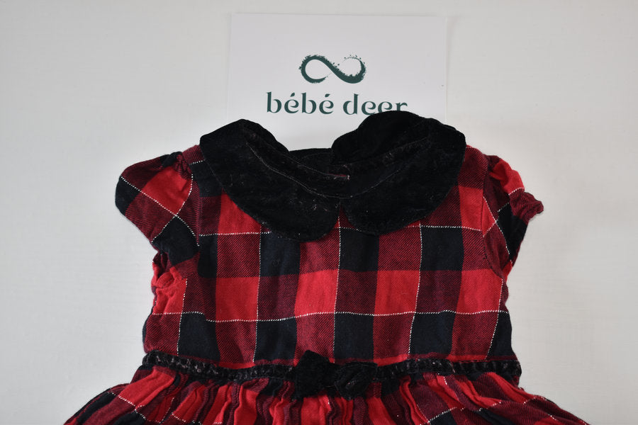 Red and black check dress with velvet collar