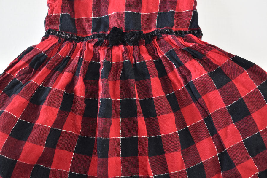 Red and black check dress with velvet collar