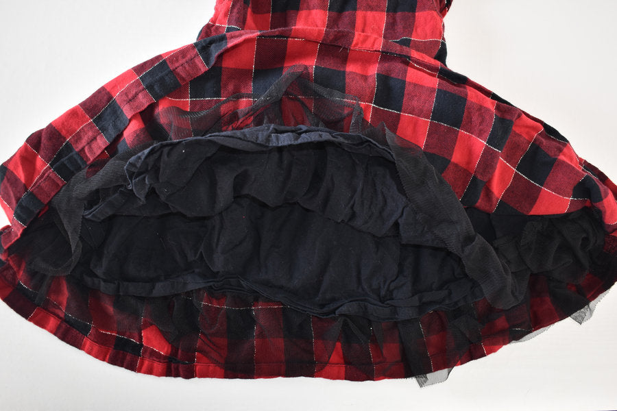 Red and black check dress with velvet collar