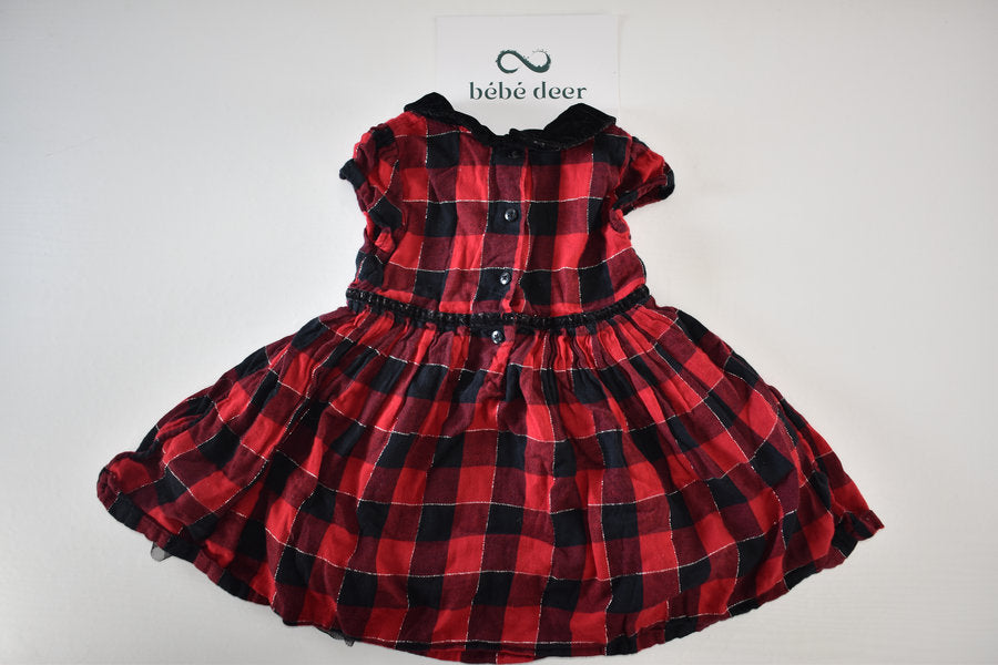 Red and black check dress with velvet collar