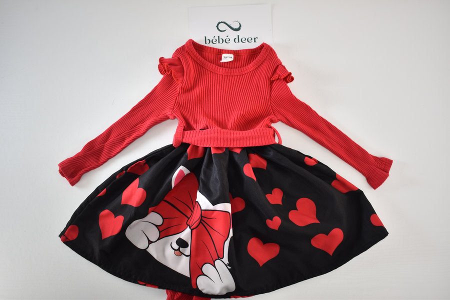 Red and black heart print dress with bow cat design