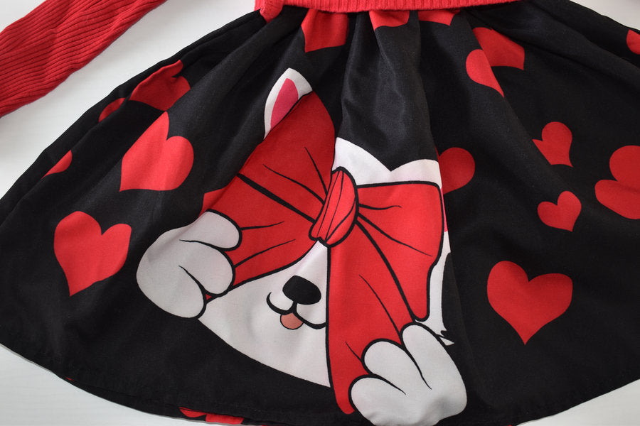 Red and black heart print dress with bow cat design