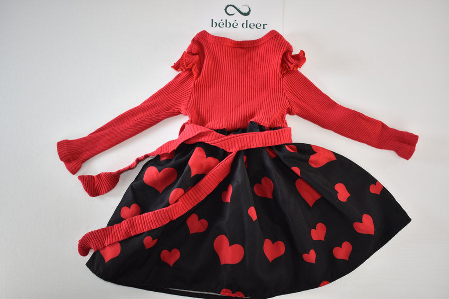 Red and black heart print dress with bow cat design