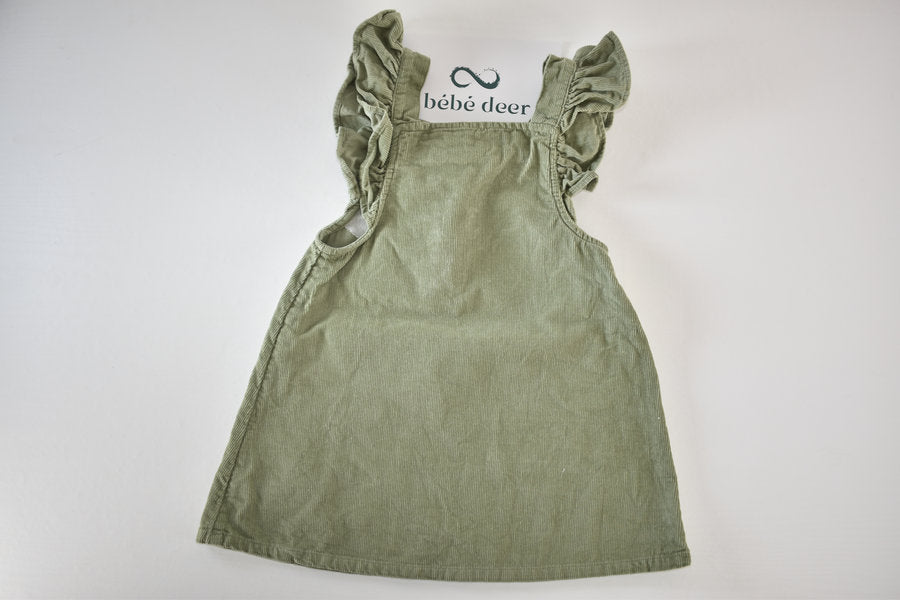 Green cord dress with woodland animal embroidery
