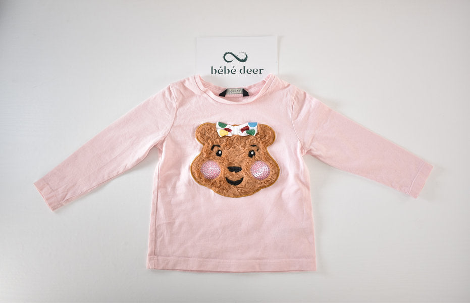 Pink bear appliqué long sleeve top