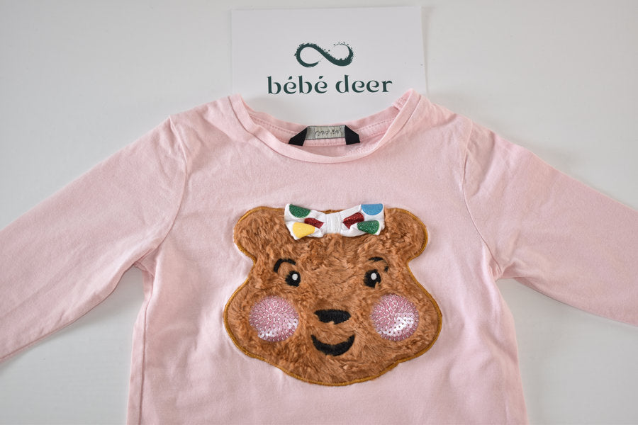Pink bear appliqué long sleeve top