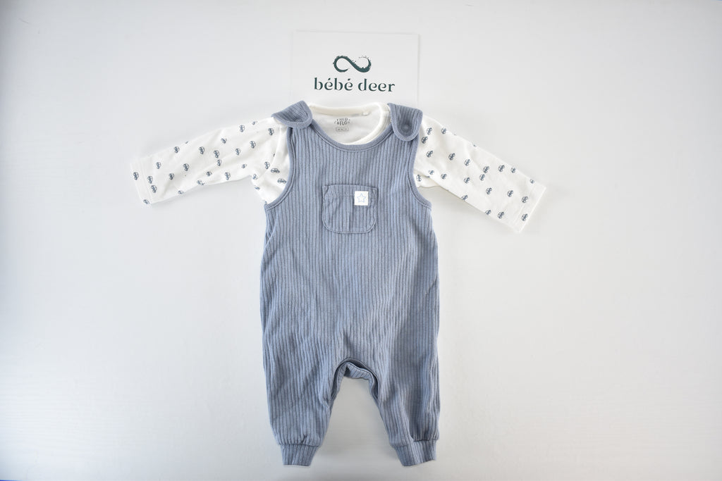Blue ribbed dungarees & car print top set