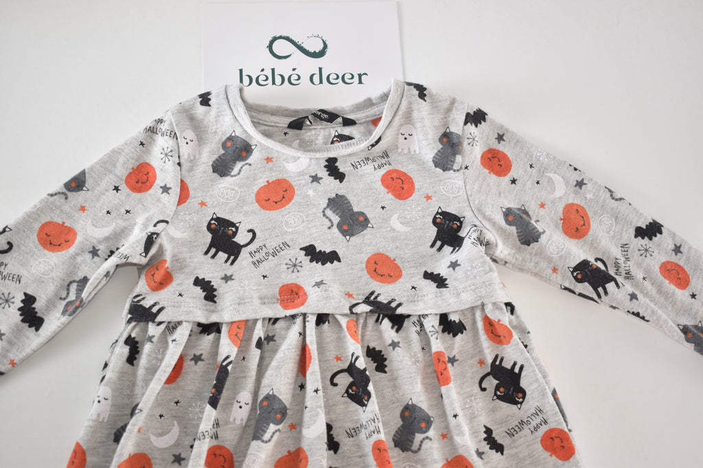 Halloween dress with black cats, pumpkins and ghosts