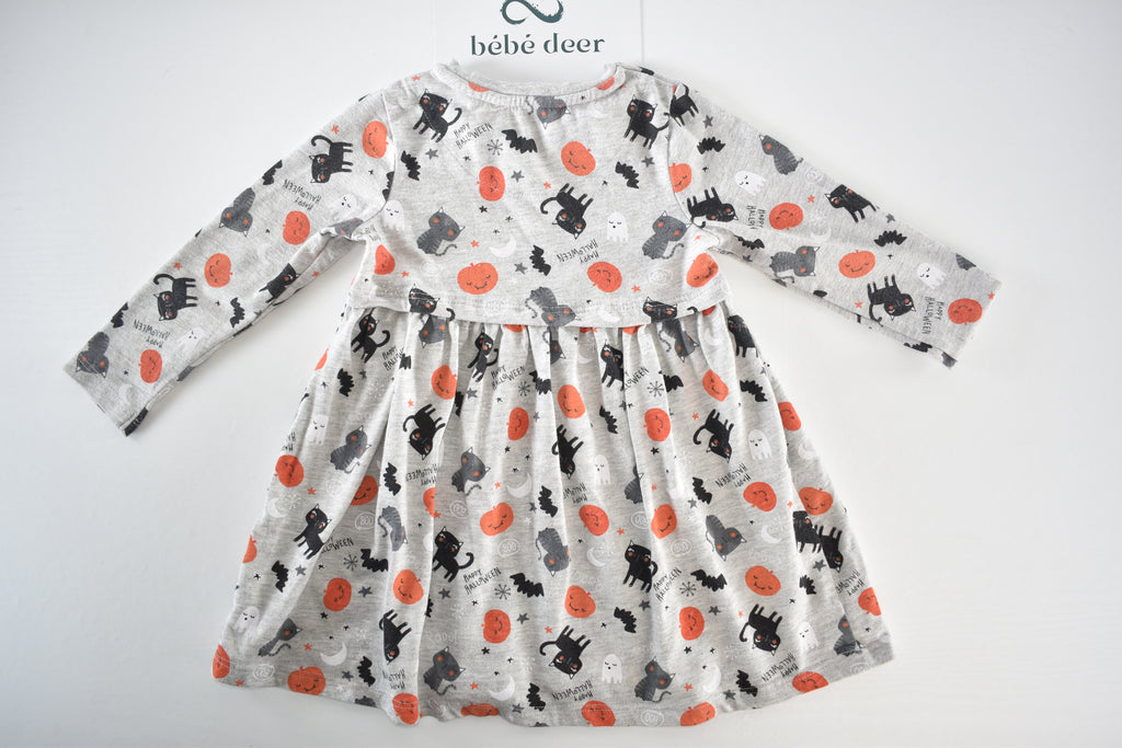 Halloween dress with black cats, pumpkins and ghosts