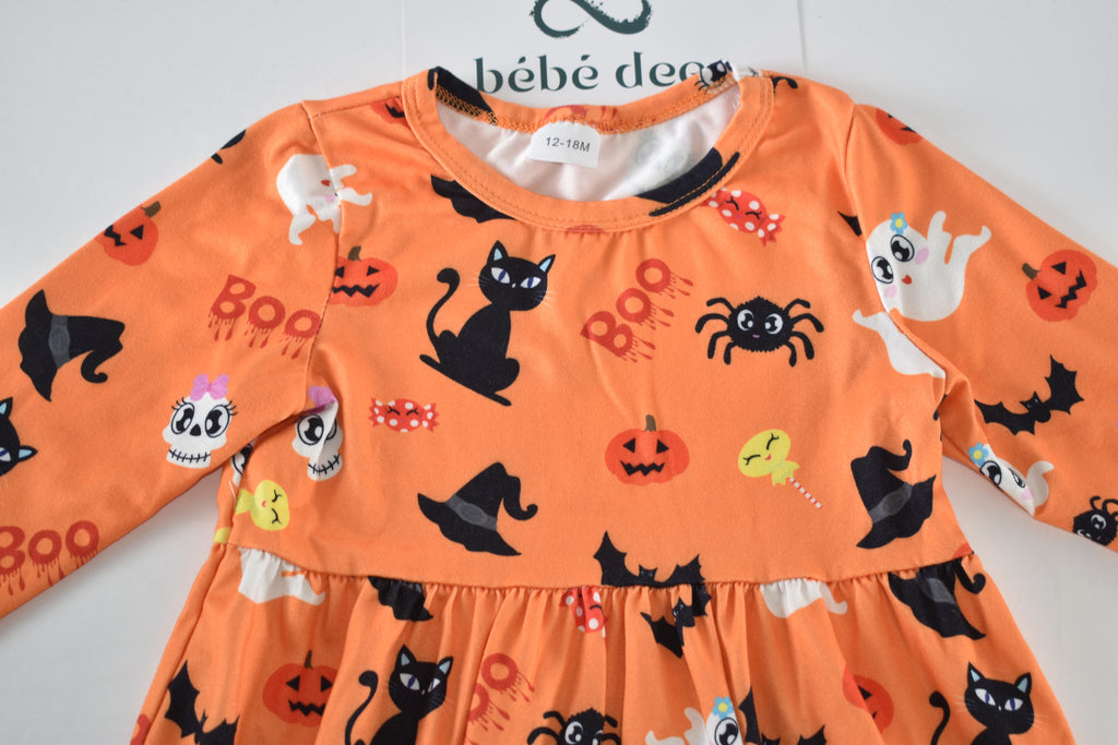 Halloween dress with black cats, ghosts and pumpkins