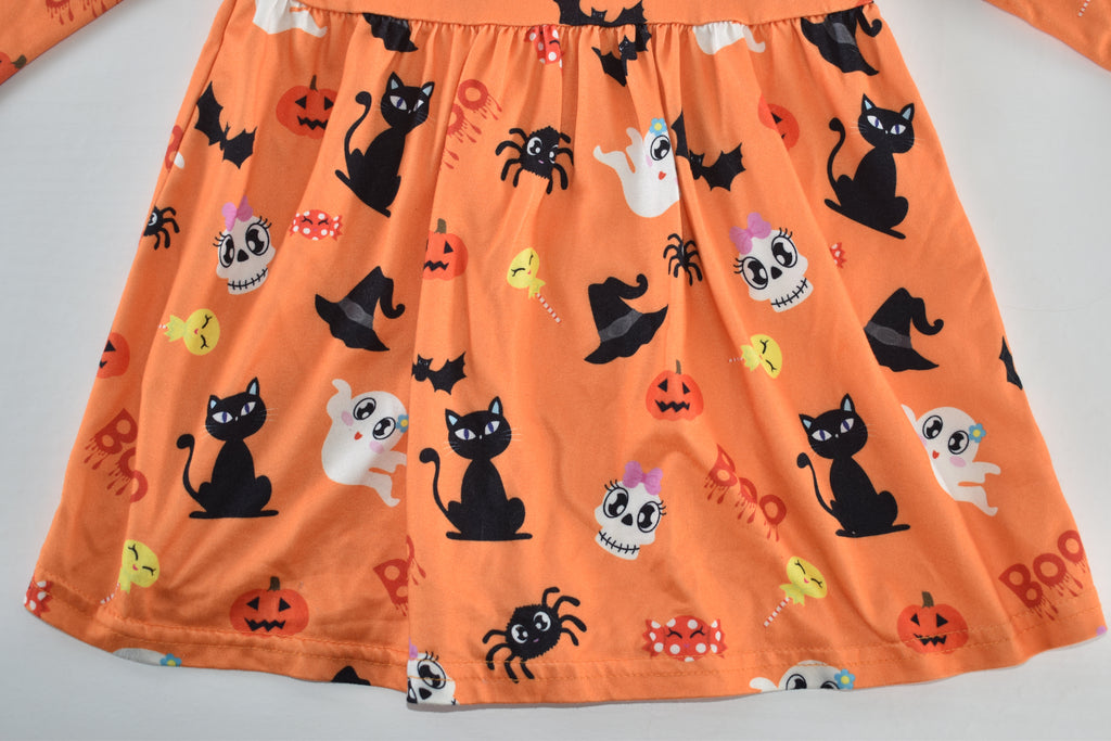 Halloween dress with black cats, ghosts and pumpkins