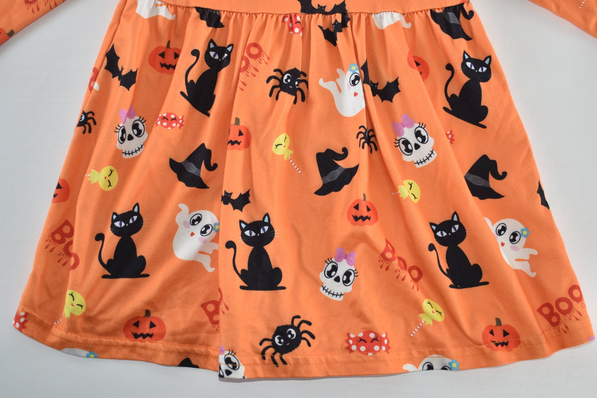 Halloween dress with black cats, ghosts and pumpkins