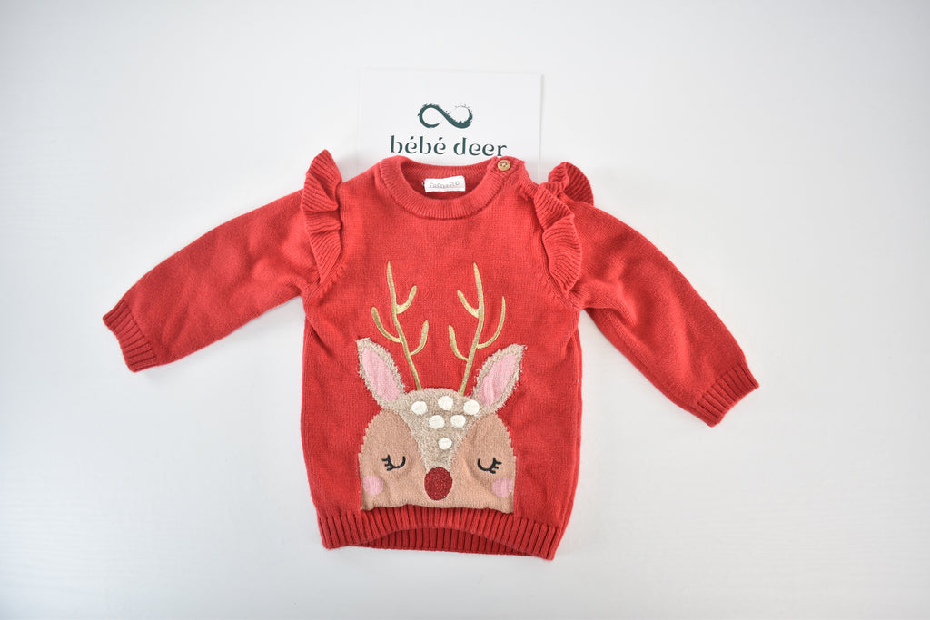 Christmas reindeer knitted jumper with ruffle shoulders
