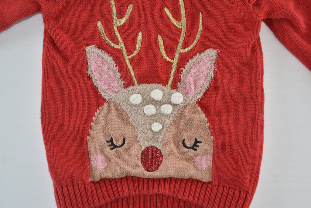 Christmas reindeer knitted jumper with ruffle shoulders