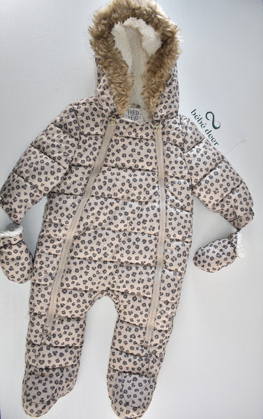 Leopard print pramsuit with attached mittens