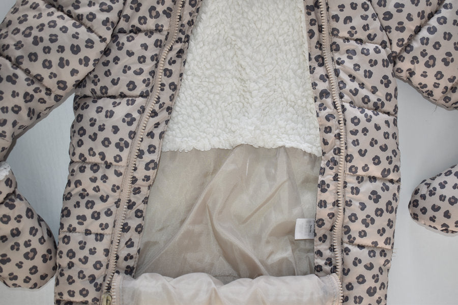 Leopard print pramsuit with attached mittens