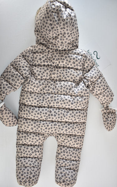 Leopard print pramsuit with attached mittens