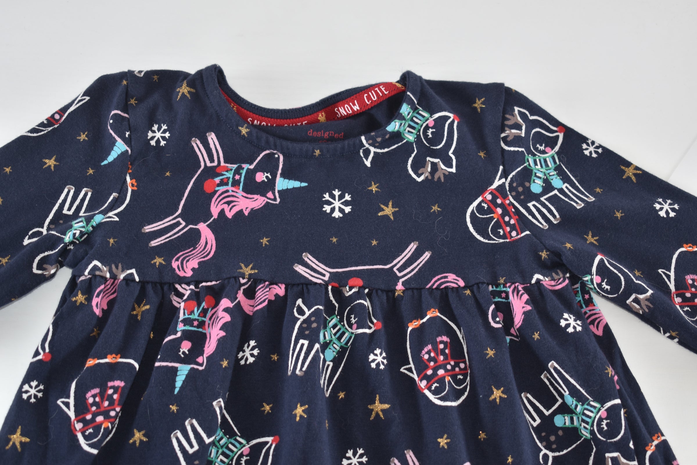 Winter unicorn, reindeer and penguins dress