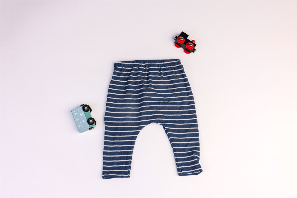 White and navy striped trousers