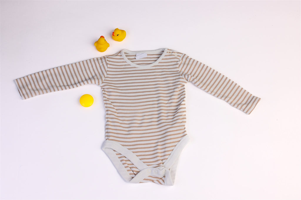 Striped bodysuit with snaps between the legs and on the shoulder