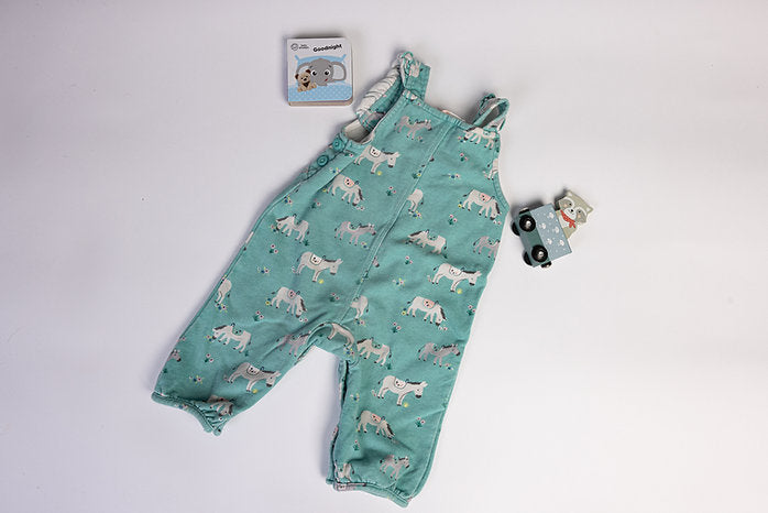 Green dungarees with horse detailing