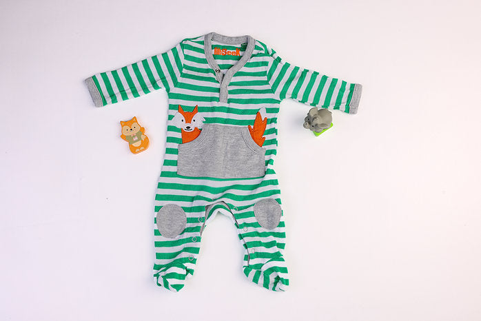 Green striped sleepsuit with a fox print