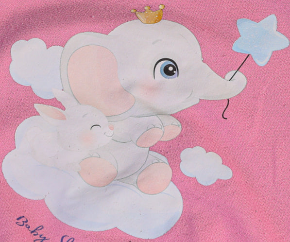 Pink elephant and bunny on a cloud holding a star jumper