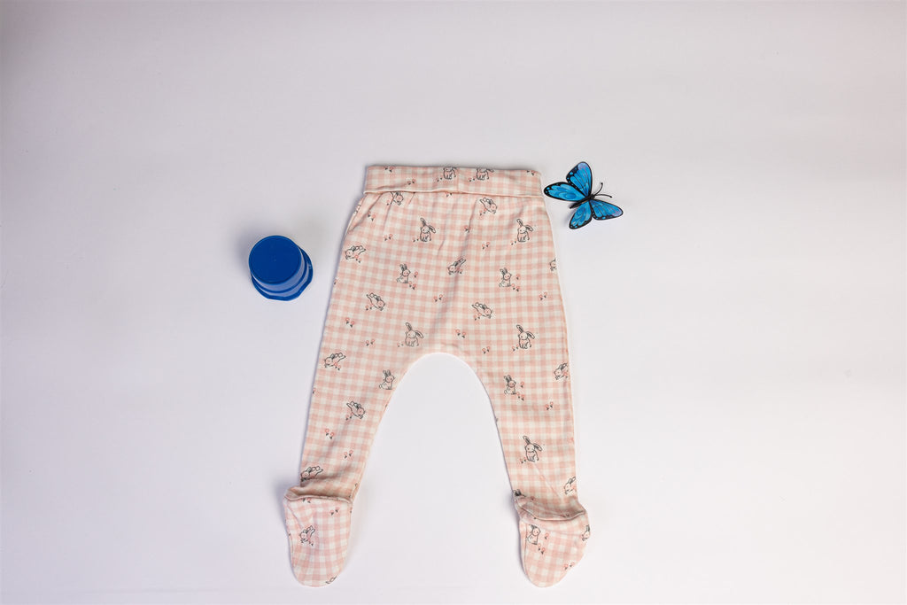 Pink plaid trousers with bunny pattern