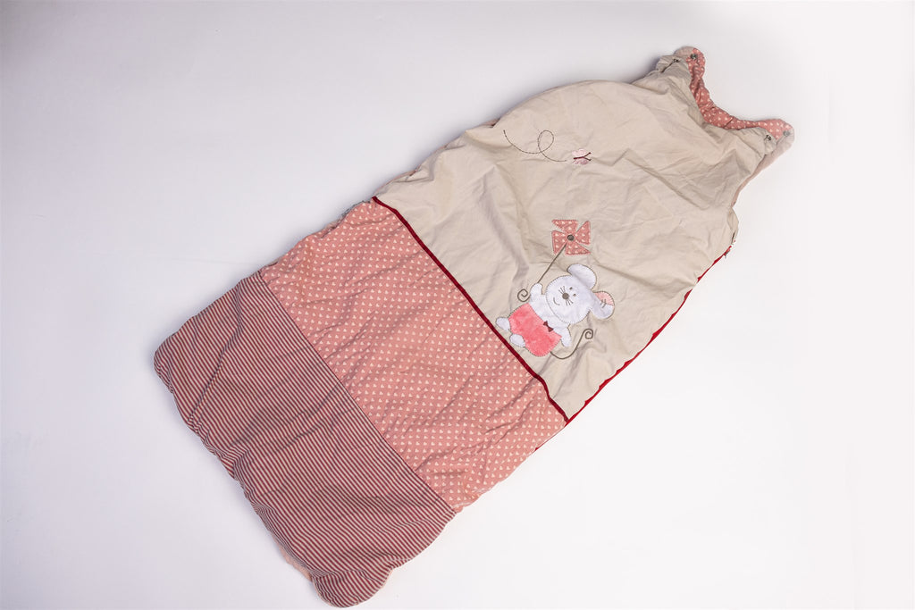 Beige and pink sleeping bag with mouse and butterfly