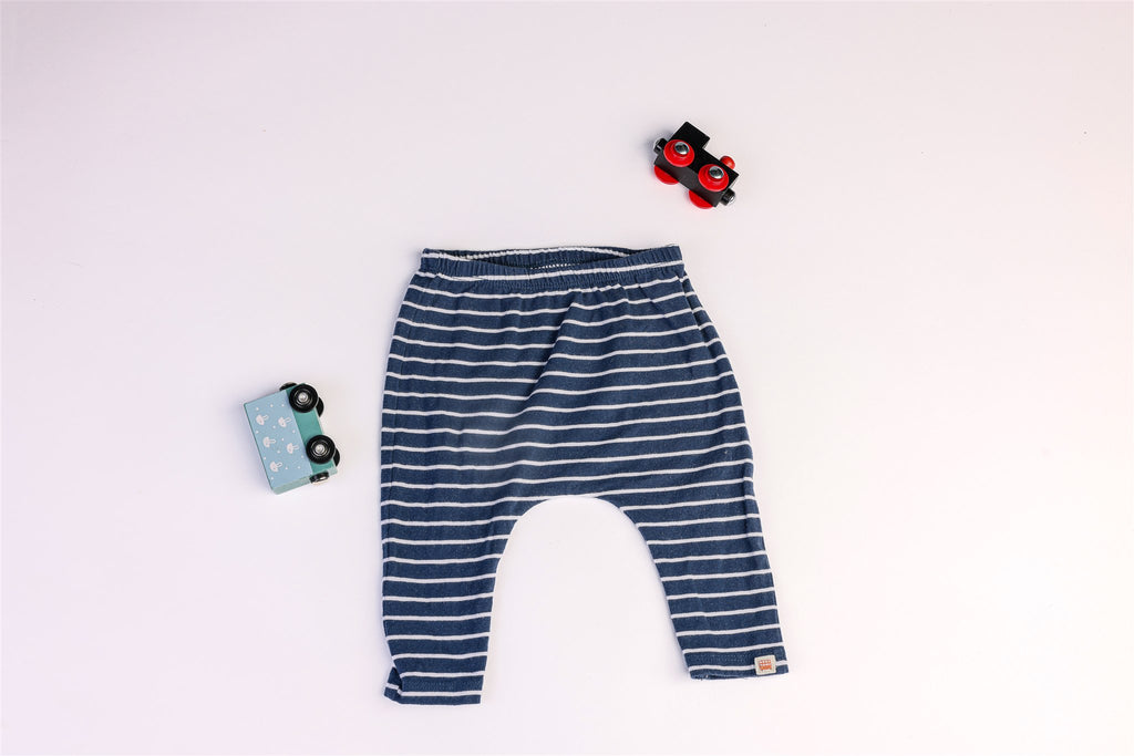 White and navy striped trousers