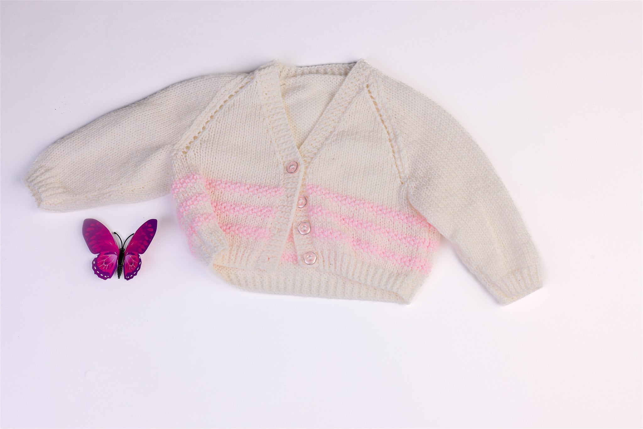 Handmade white cardigan with pink stripes
