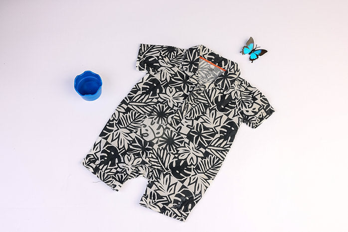 Black and white rompers with leaves
