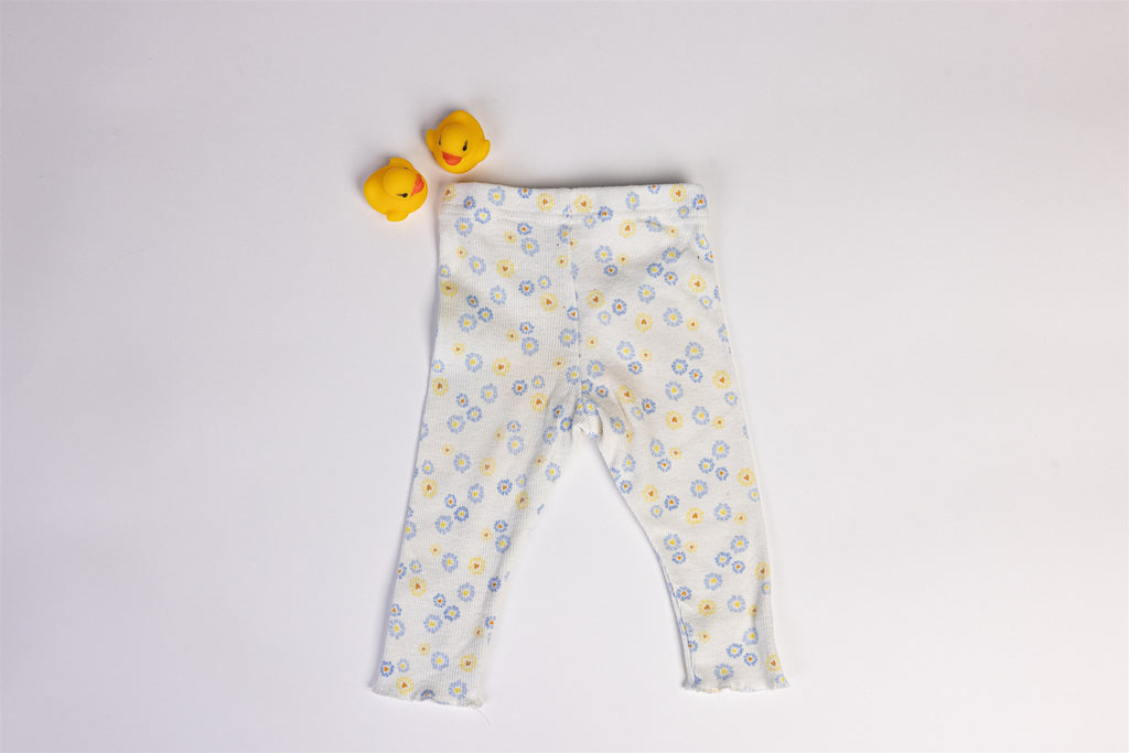 White Daisy trousers with Yellow and Blue Flowers