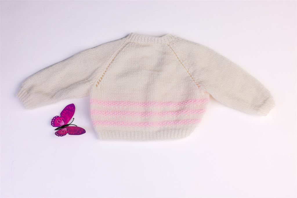 Handmade white cardigan with pink stripes