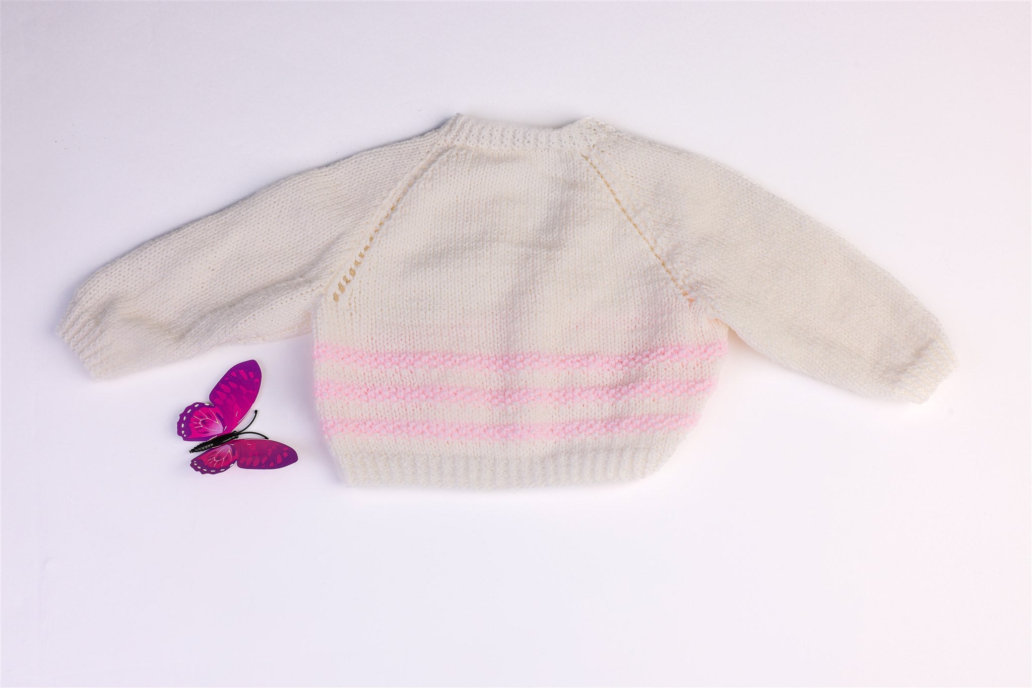 Handmade white cardigan with pink stripes